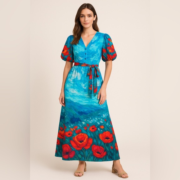 New CELINA MOON Blue and White Patterned dress Sz M - Picture 1 of 3